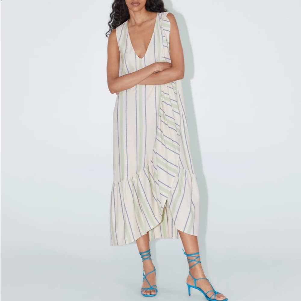 Zara linen look striped ecru dress with ruffles